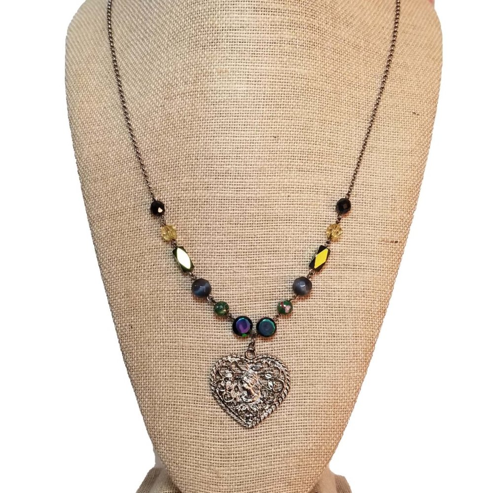 Rachel Bonnie J Silver Heart w/Beads Necklace EUC